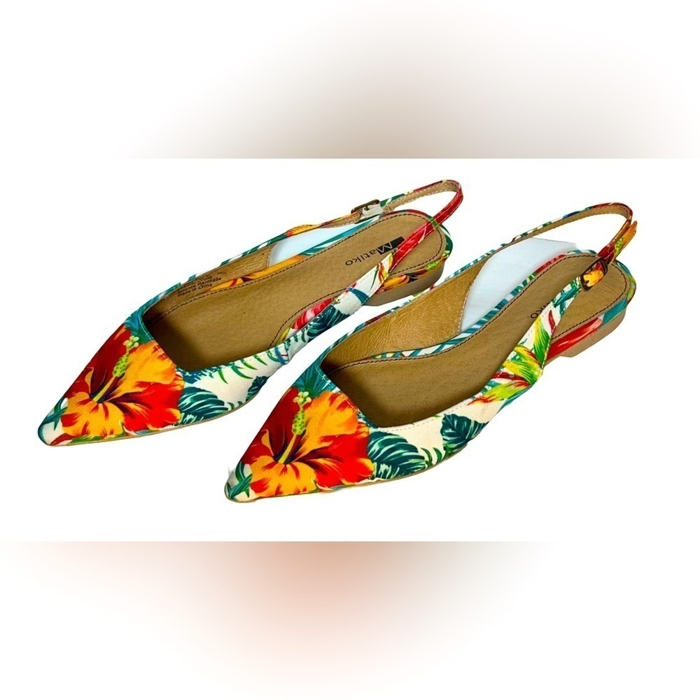 NWB Matiko Lori Sling-Back Shoes in Hawaiian Print, Pointed Toes, 6.5 US (37 EU)